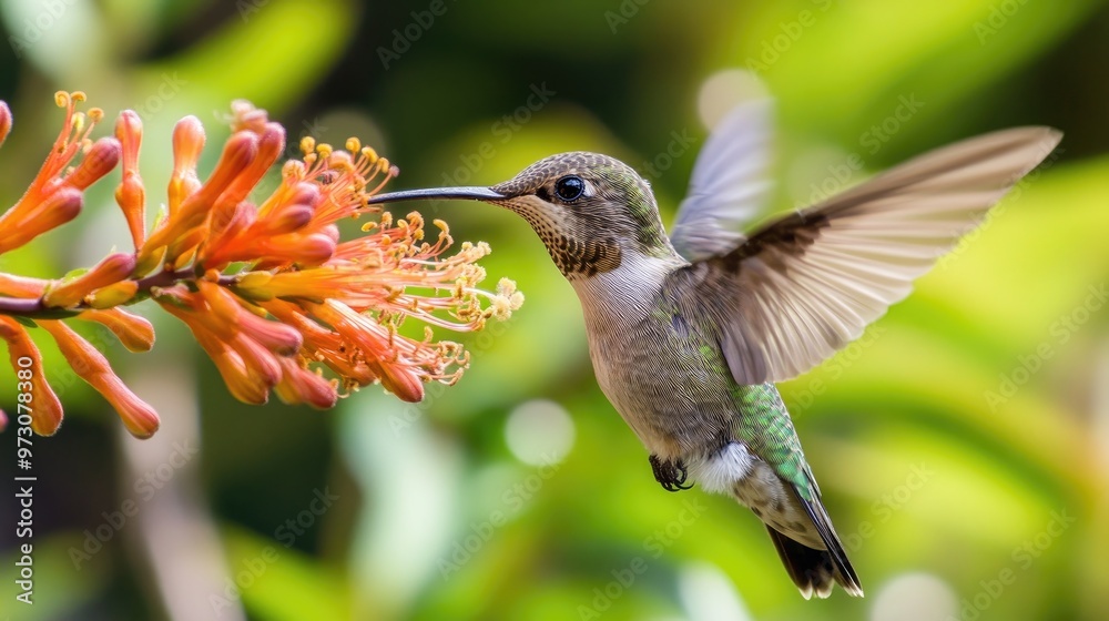 Fototapeta premium Hummingbird in flight, feeding from a flower 