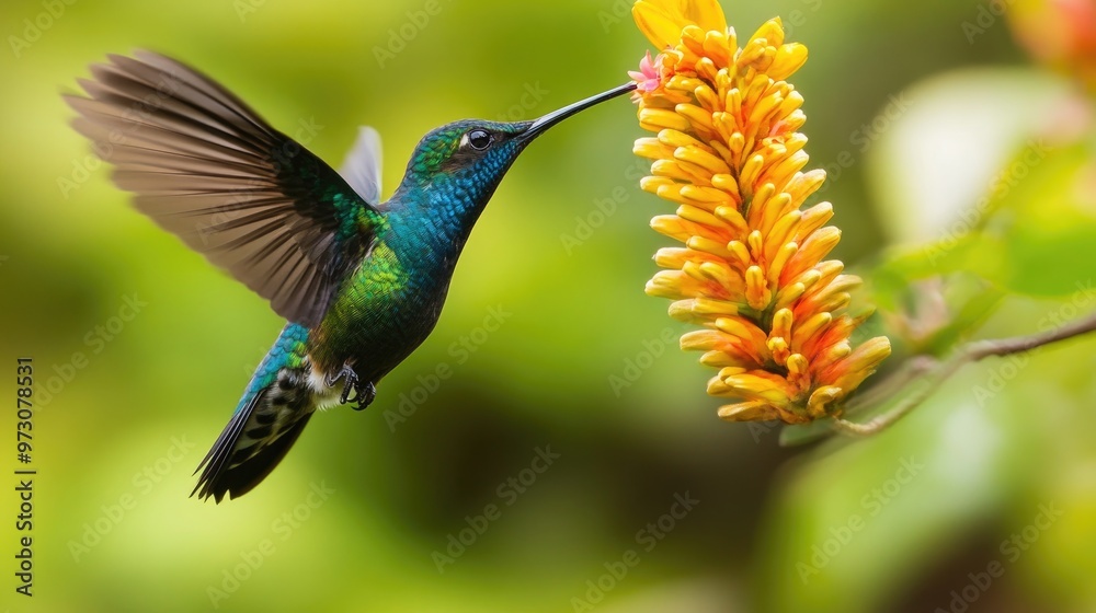 Fototapeta premium Hummingbird in flight, feeding from a flower 
