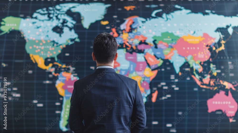 Businessman in a suit standing in front of a large world map, focusing on global strategy, international business, and geographical planning. Businessman in a suit standing in front of a large world map, focusing on global strategy, international business, and geographical planning.