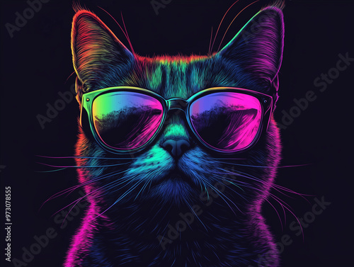 Colorful Synthwave style cute cat with sunglasses, dark black background, Portrait, digital illustration ai art style. synthwave cat. Illustrations
