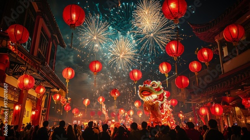 Chinese New Year celebration with dragon and lion dances, red lanterns illuminating the night, fireworks exploding in the sky, and people gathered to celebrate with traditional foods
