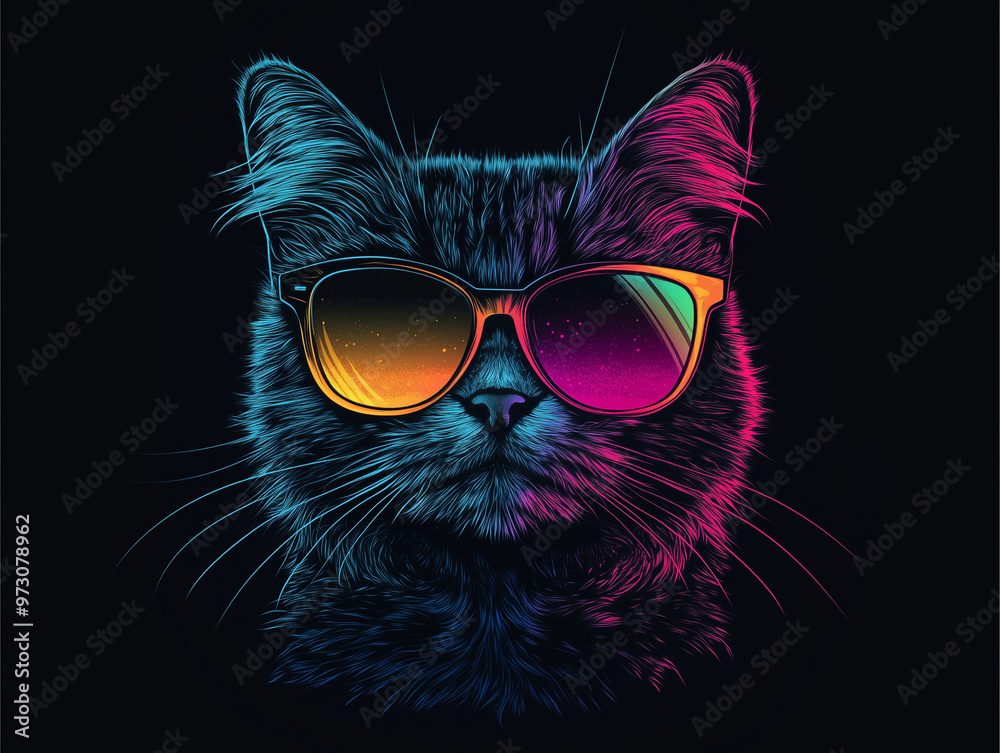 Colorful Synthwave style cute cat with sunglasses, dark black background, Portrait, digital illustration ai art style. synthwave cat. Illustrations
Colorful Synthwave style cute cat with sunglasses, dark black background, Portrait, digital illustration ai art style. synthwave cat. Illustrations