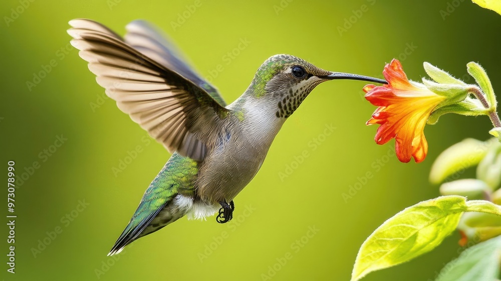Hummingbird in flight, feeding from a flower Hummingbird in flight, feeding from a flower