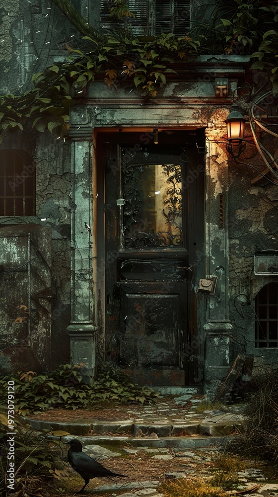 Fototapeta premium A weathered wooden door with a crow perched on the stone path in front of it.