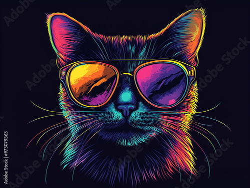 Colorful Synthwave style cute cat with sunglasses, dark black background, Portrait, digital illustration ai art style. synthwave cat. Illustrations
