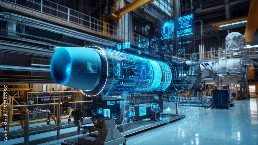 Digital twin of an industrial air with digital overlay showing data and collaboration icons, highlighting the integration between blue rocket on one side Digital twin of an industrial air with digital overlay showing data and collaboration icons, highlighting the integration between blue rocket on one side