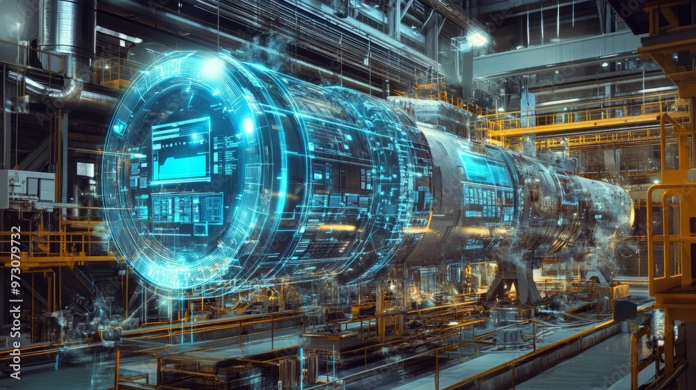 Digital twin of an industrial air with digital overlay showing data and collaboration icons, highlighting the integration between blue rocket on one side Digital twin of an industrial air with digital overlay showing data and collaboration icons, highlighting the integration between blue rocket on one side