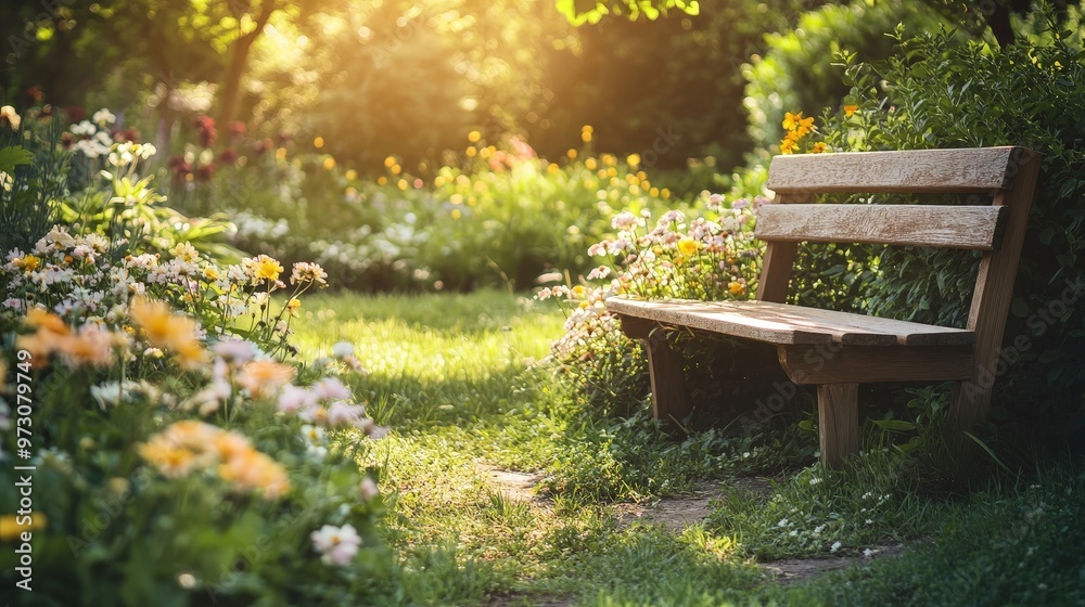 A serene summer background showcasing a quiet garden with a rustic wooden bench surrounded by blooming flowers and greenery A serene summer background showcasing a quiet garden with a rustic wooden bench surrounded by blooming flowers and greenery
