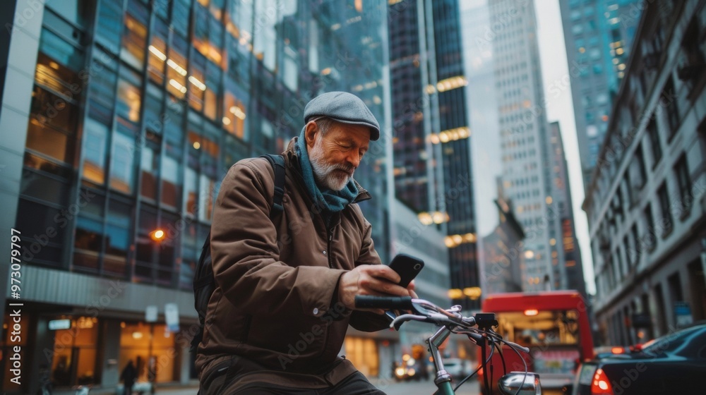 middle aged man looking at his cell phone on a public road on his bicycle middle aged man looking at his cell phone on a public road on his bicycle