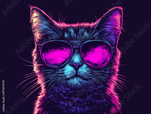Colorful Synthwave style cute cat with sunglasses, dark black background, Portrait, digital illustration ai art style. synthwave cat. Illustrations
