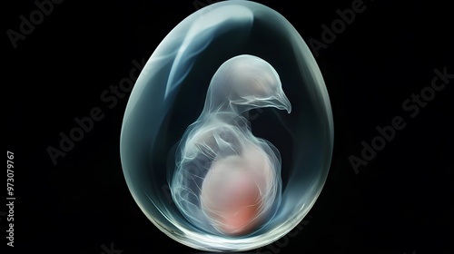 X-ray of a Bird Egg with Embryo: X-ray of a bird egg, revealing the developing embryo inside with soft, subtle shading. 
