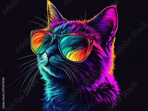 Colorful Synthwave style cute cat with sunglasses, dark black background, Portrait, digital illustration ai art style. synthwave cat. Illustrations
