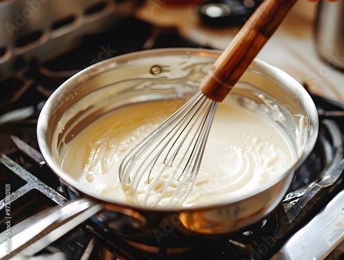 Whisking Cornstarch into a Creamy Sauce on the Stovetop for Homemade Cooking