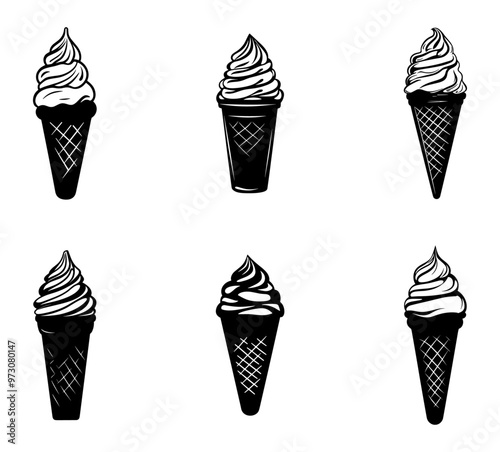 Ice cream cone silhouettes set, various cold desserts with and without toppings vector illustration