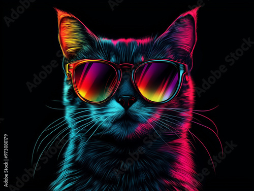 Colorful Synthwave style cute cat with sunglasses, dark black background, Portrait, digital illustration ai art style. synthwave cat. Illustrations

