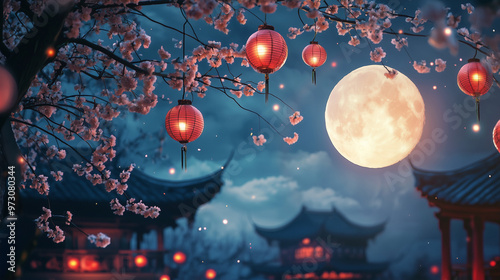 moon festival, mid-autumn festival, lantern and chinese ancient city
