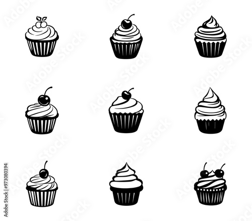Set of cupcakes in black and white vector illustration. Cupcake muffin logo vector design