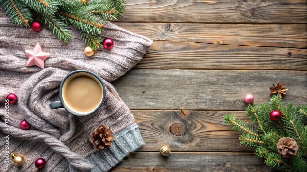Cozy Christmas vibes with gray pink sweater, festive decorations, and a cup of coffee on wooden background top view flat lay style