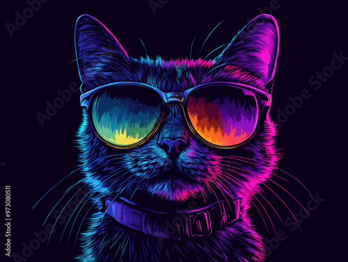 Colorful Synthwave style cute cat with sunglasses, dark black background, Portrait, digital illustration ai art style. synthwave cat. Illustrations
