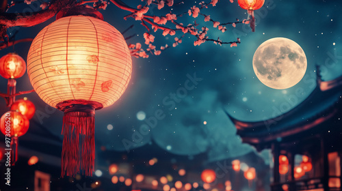 moon festival, mid-autumn festival, lantern and chinese ancient city
