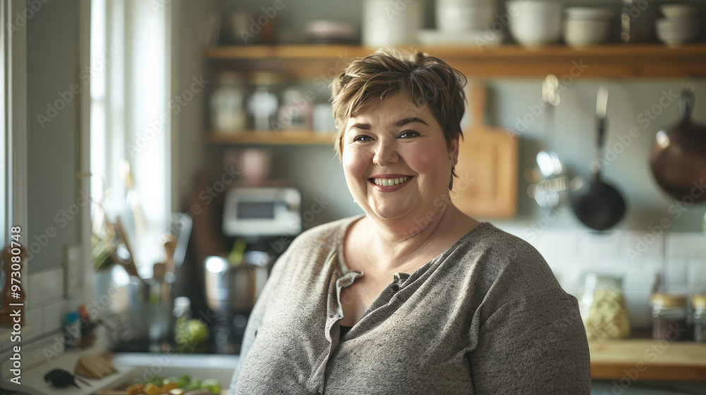 middle age american chubby housewife and mom is smiling in her kitchen middle age american chubby housewife and mom is smiling in her kitchen