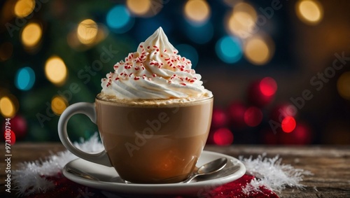 Peppermint latte with a Christmas background