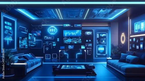 Wallpaper Mural A smart home with various digital screens displaying energy-efficient features, set in an elegant modern house at night Torontodigital.ca