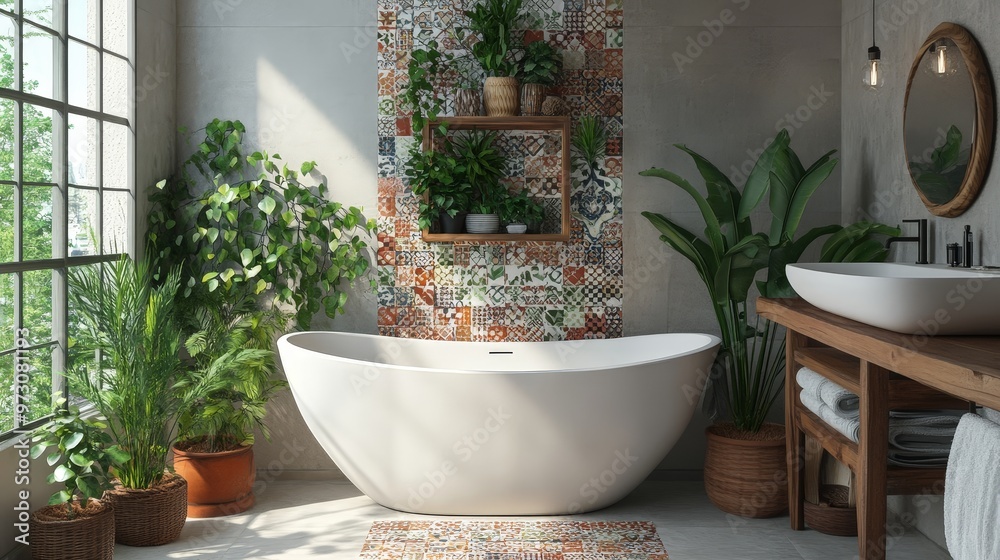 A stylish bohemian bathroom with a freestanding tub, patterned tiles, and lush plants, creating a serene and artistic space A stylish bohemian bathroom with a freestanding tub, patterned tiles, and lush plants, creating a serene and artistic space