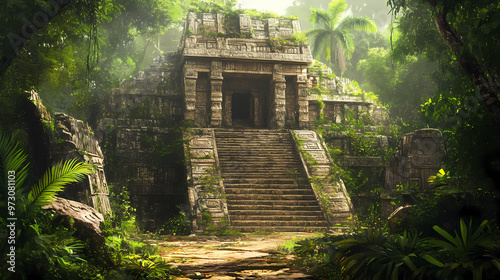 Fototapeta Naklejka Na Ścianę i Meble -  An ancient mayan temple with stone steps and jungle surroundings. Mayan Temple. Illustration