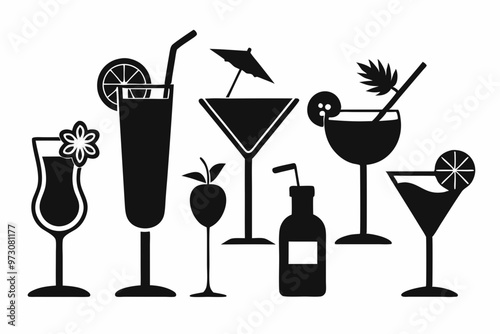  cocktail icons set on a white background, set of silhouette  cocktails