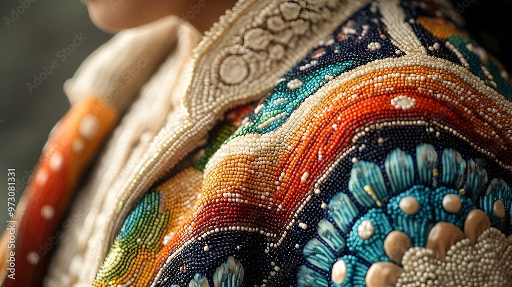 Obraz premium Close-up of intricate beadwork on traditional Indigenous clothing, softly rendered in a delicate watercolor style.