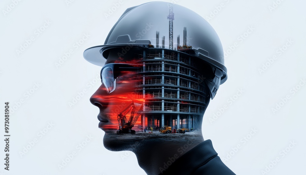 A 3D digital model of a building, layered with an engineer s profile and construction equipment in a futuristic double exposure graphic A 3D digital model of a building, layered with an engineer s profile and construction equipment in a futuristic double exposure graphic