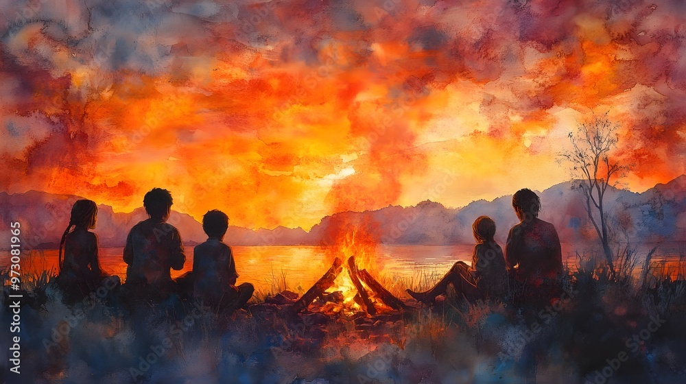 Fototapeta premium Indigenous storyteller sharing tales with children around a fire, with a watercolor background of warm evening hues.