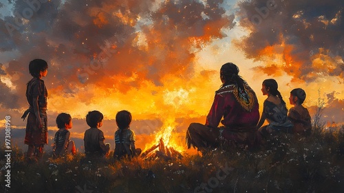 Indigenous storyteller sharing tales with children around a fire, with a watercolor background of warm evening hues.