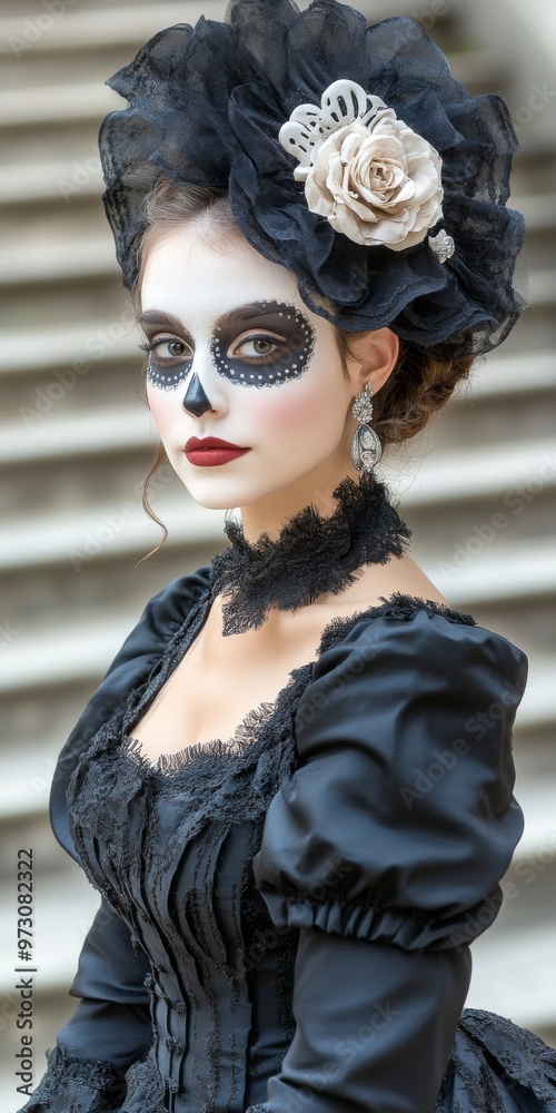 Elegant Halloween Costume With Sugar Skull Makeup at an Outdoor Venue Elegant Halloween Costume With Sugar Skull Makeup at an Outdoor Venue