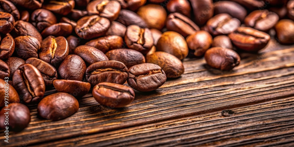 Naklejka premium Close up of roasted coffee beans on a textured wooden surface