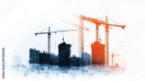 Fototapeta Naklejka Na Ścianę i Meble -  A city under construction, with cranes and workers merging into the outlines of architectural blueprints, creating a layered double exposure illustration