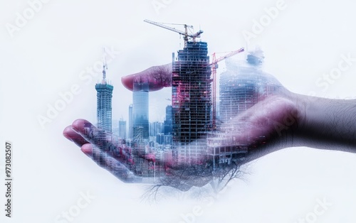 A city skyline under construction, with the layers of scaffolding and cranes merging with an engineer s hand holding blueprints, creating a double exposure effect photo