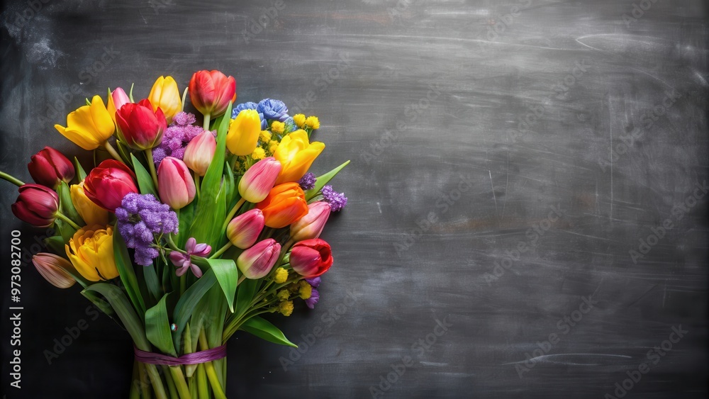 Fototapeta premium Colorful spring flowers bouquet on blackboard background with space for text