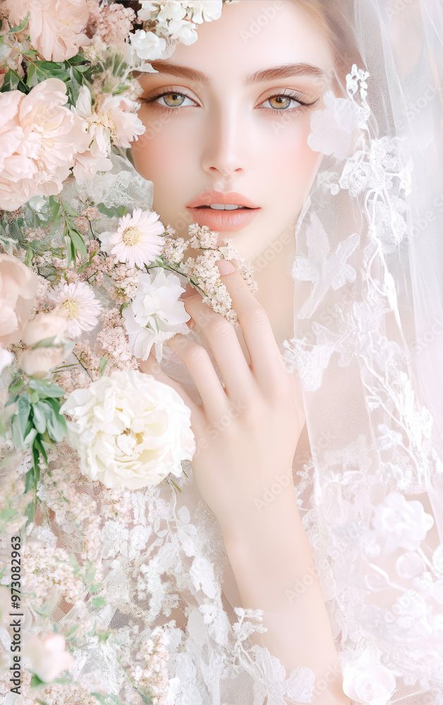 Obraz premium beautiful young woman with green eyes wearing veil and flowers for the wedding picture