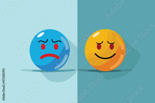 Two parts of emotions represented by sad and cheerful emoji, symbolizing survey and online vote for best or poor rating and level of satisfaction.