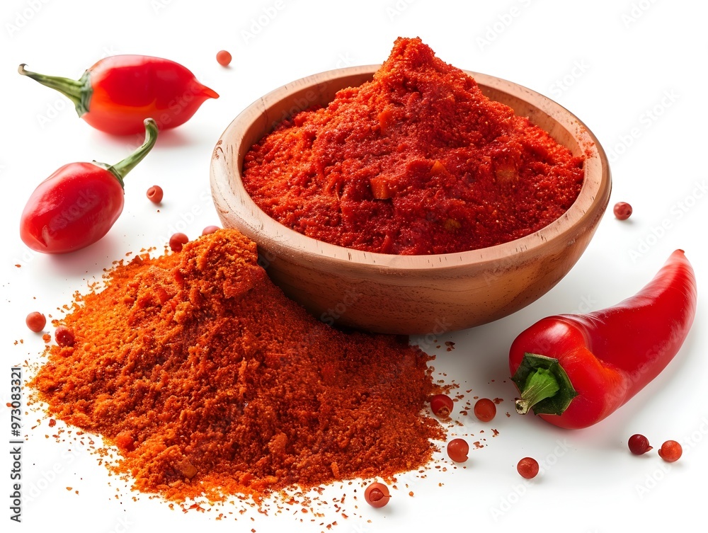 Closeup of Vibrant Red Paprika Powder on White Background Closeup of Vibrant Red Paprika Powder on White Background