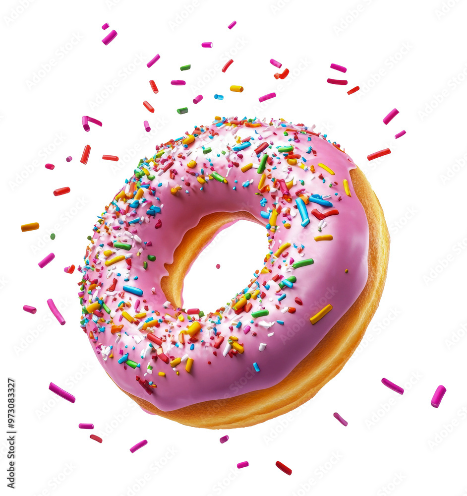 PNG Colorful donut with sprinkles flying in the air PNG Colorful donut with sprinkles flying in the air