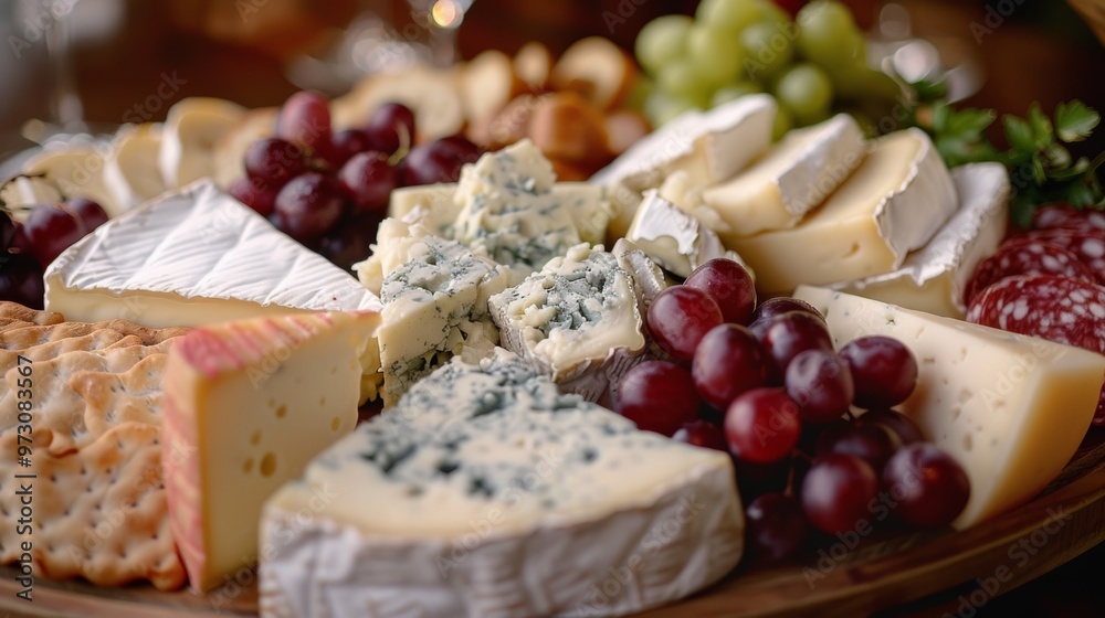 platter of assorted cheeses and grapes,