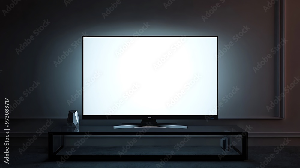 Blank white tv screen interior in darkness mockup, front view, 3d rendering. Empty telly plasma display in living room mockup Blank white tv screen interior in darkness mockup, front view, 3d rendering. Empty telly plasma display in living room mockup