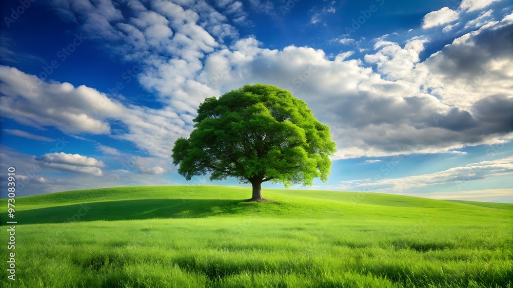 a solitary tree standing majestically in a lush green field under a vast sky filled with dramatic clouds, offering a sense of peace, tranquility, and the enduring strength of life a solitary tree standing majestically in a lush green field under a vast sky filled with dramatic clouds, offering a sense of peace, tranquility, and the enduring strength of life