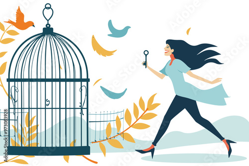 Unhappy woman running towards a large birdcage with a key to unlock positive emotions trapped inside.