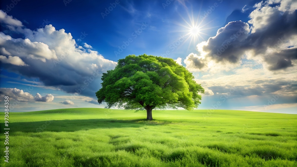 a solitary green tree standing proudly in a vast, sun-drenched meadow under a vibrant blue sky filled with fluffy white clouds, evoking a sense of peace, tranquility, and the simple beauty of nature a solitary green tree standing proudly in a vast, sun-drenched meadow under a vibrant blue sky filled with fluffy white clouds, evoking a sense of peace, tranquility, and the simple beauty of nature