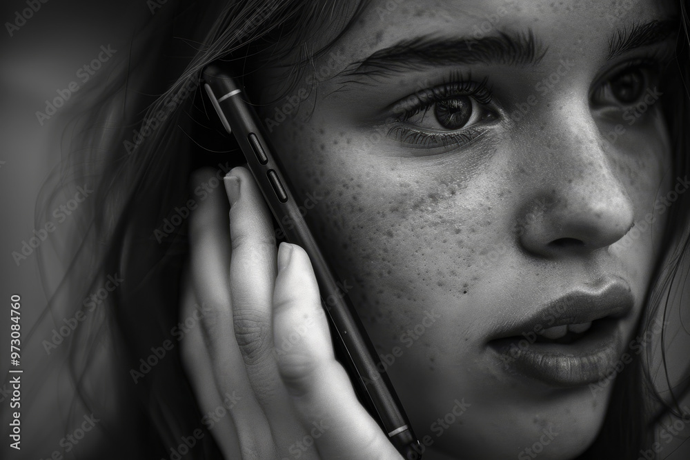 Obraz premium A woman is talking on her cell phone