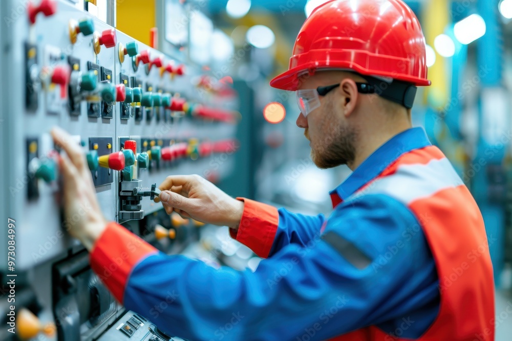 Engineer operating control panel in industrial facility wearing safety gear and hard hat Engineer operating control panel in industrial facility wearing safety gear and hard hat